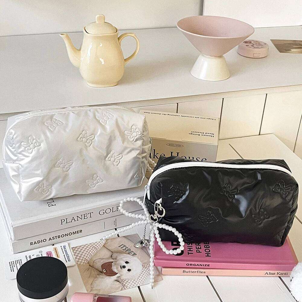 Silver Bow Women Pearl Zipper Makeup Portable Coins Lipsticks Cosmetic Storage Pouch Purse Ladies Elegant Square Bag Y260206