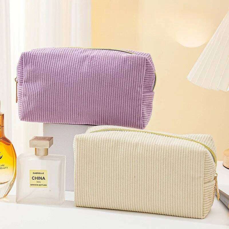 Corduroy pencil case, simple cosmetic large capacity portable toiletry bag, stationery box, business trip storage bag Y260206