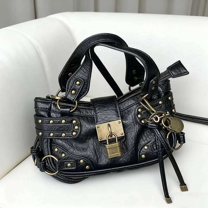 Retro Rivet Black Crossbody Fashion Street Cool Motorcycle Trend Lock Design Small Tote Handbag High Quality Women's Bag Y260205