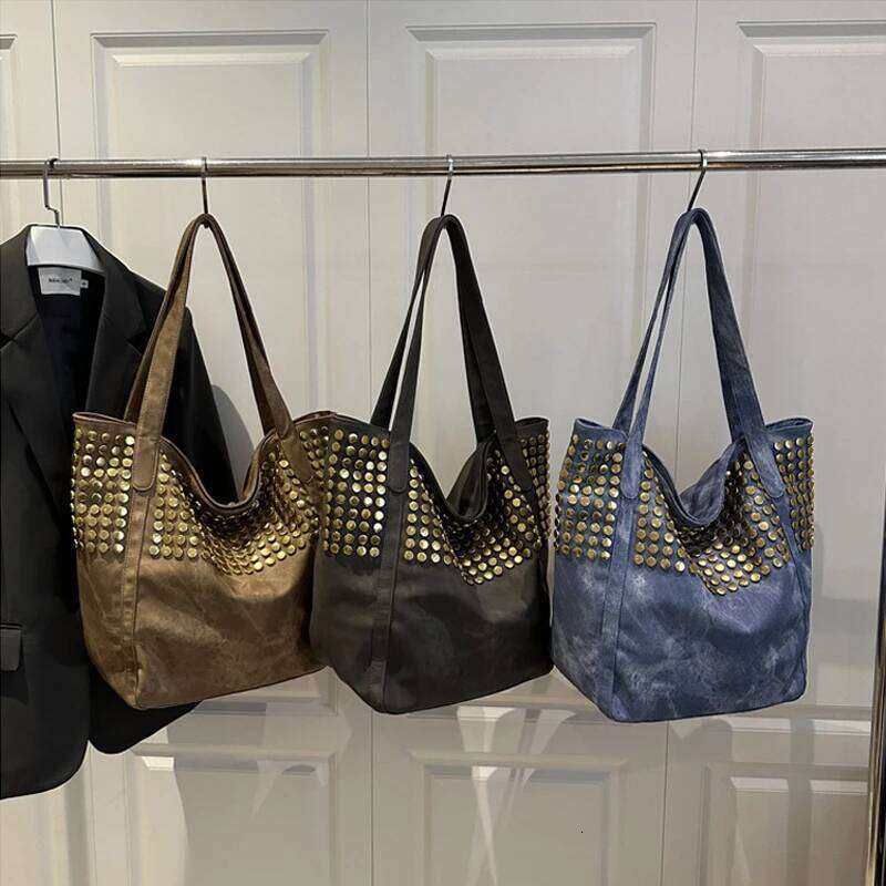 SHELKSBAG 2025 New in Fashion Women's Tote Bags Black Studded Faux Leather Handbags Ladies Large Capacity Foldable Shoulder Bag Y260204