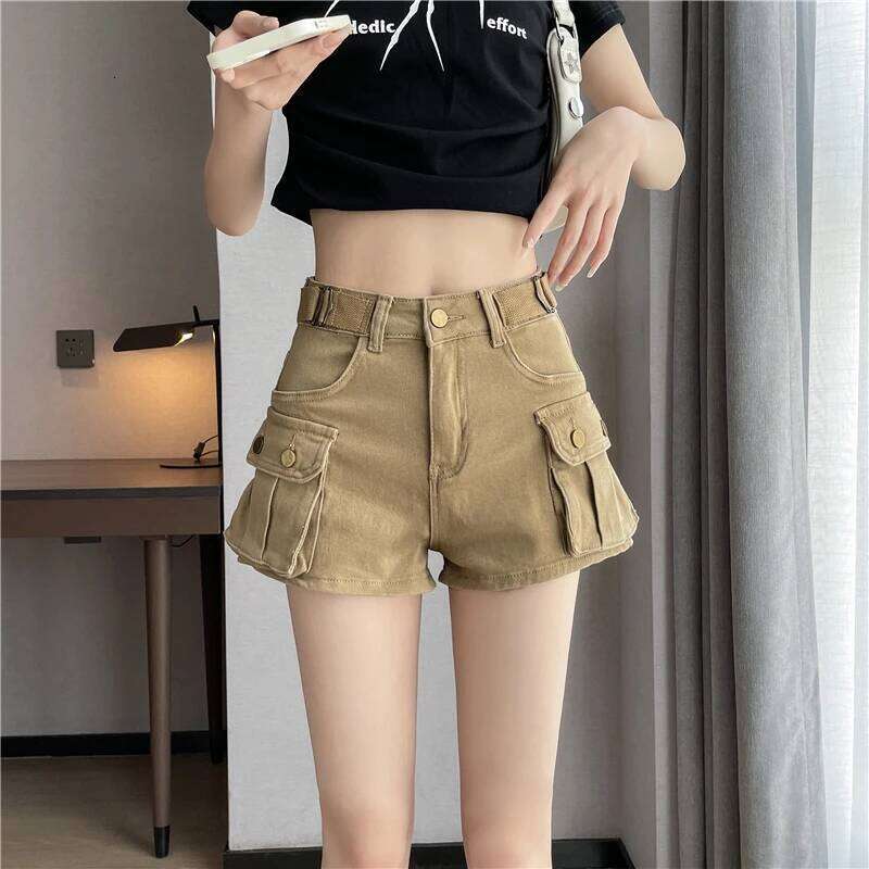 2025 Summer New Elastic Denim Shorts for Women American High Waist Loose Lace Design Spicy Girl Work Pants XJ260206