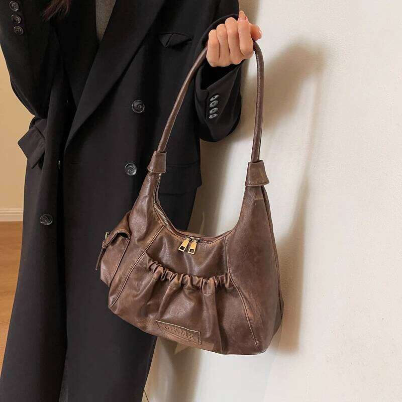 Distressed Vintage Shoulder Bags For Women Pleated Design Large Capacity Retro Hobo Bag 2024 Winter New Handbags Luxury Z260207 - view 3