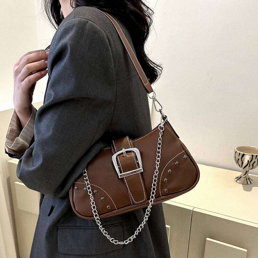 Female Grunge Shoulder Motor Gothic Y2k Chain Handbags Luxury White PU Lether Small Cool Purse Vintage Underarm Bag Z260207 - view 6