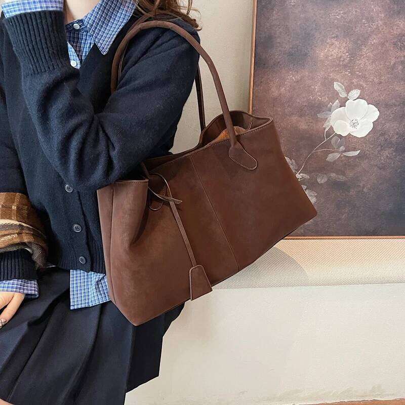 MOODS Retro Shoulder Tote Bags For Women Faux Suede Pure Color Big Capacity Shopper Simple Fashion Designer Handbags Luxury 2025 Y260204