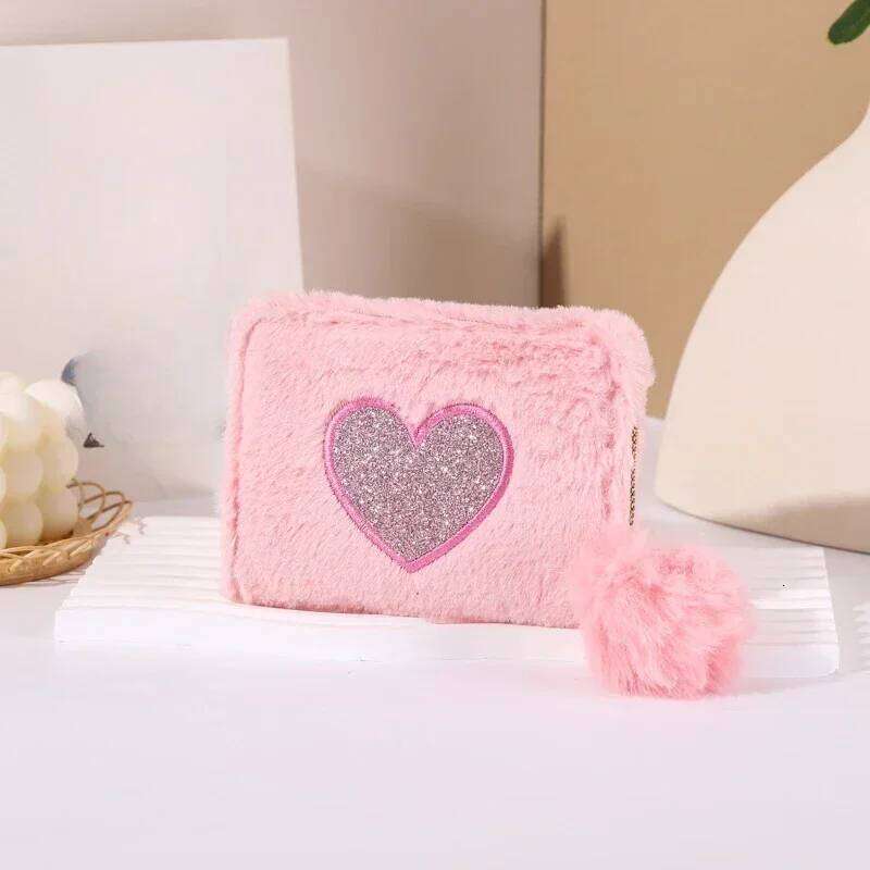 Girls Cute Plush Heart Print Children's Zipper with Holder Clutch Bag Mini Purse Coin Pouch Card Wallet Y260206