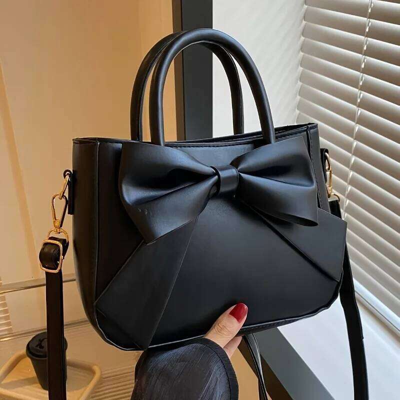 Elegant Black Bow Decorative Handbag Shoulder Crossbody Bag with Golden Hardware and Detachable Horizontal Strap, Stylish Daily Y260205