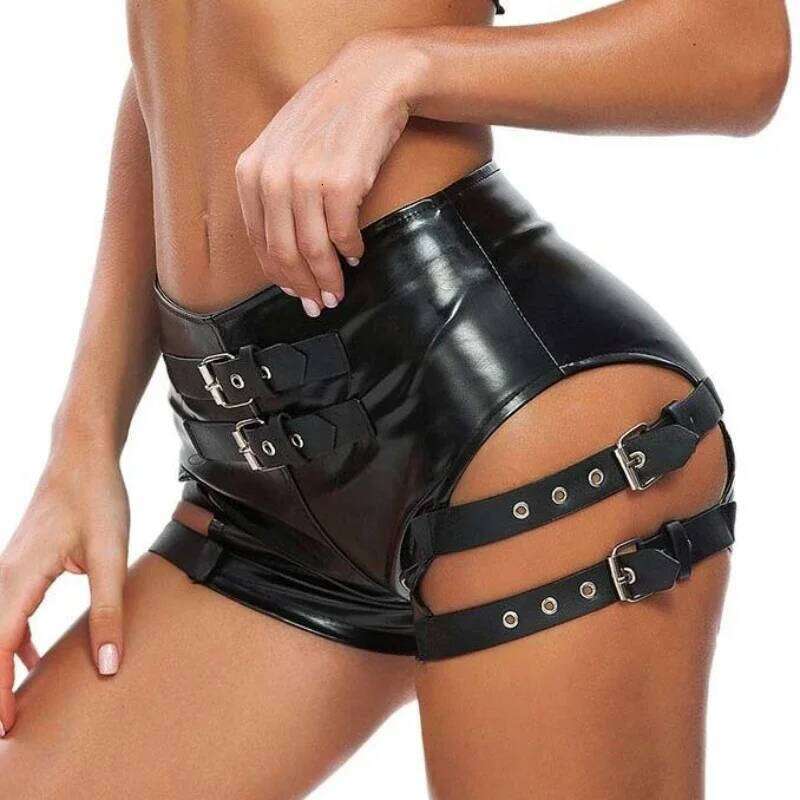 Tight Women Fashion Leather Elastic Hollow Out Shorts Sexy Club Nightclub Mini Trousers Streetwear Y2K 2025 Summer New XJ260206