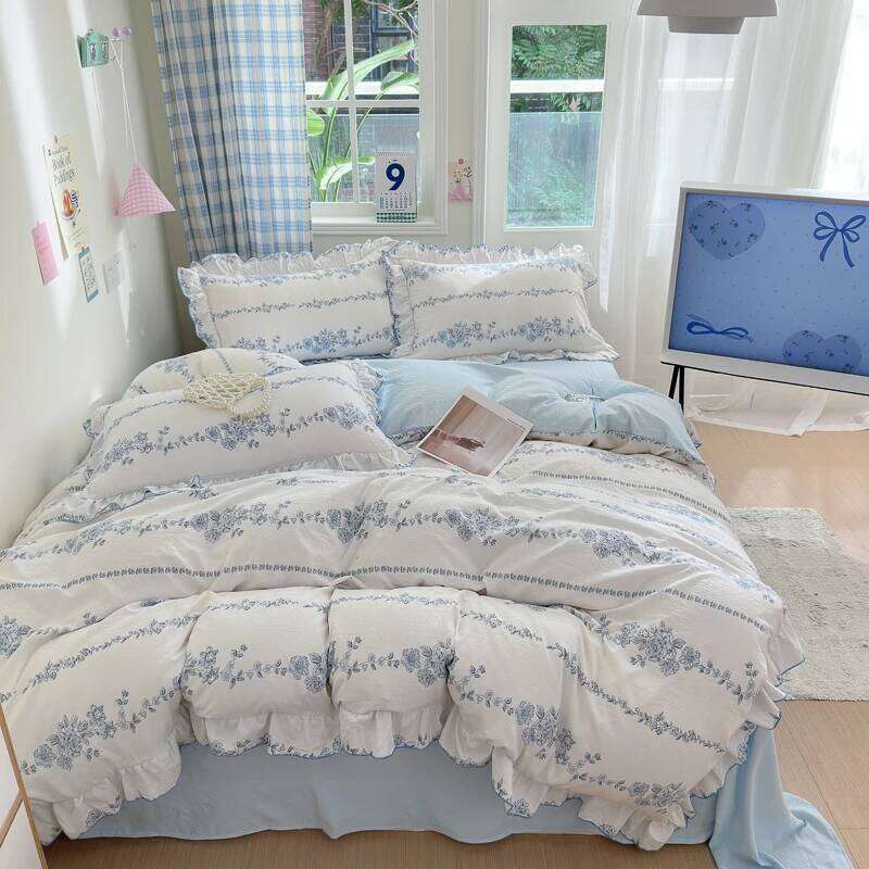 4pcs Korean lace Duvet 1*Duvet Cover +1 flat sheet + 2*Pillowcase, Without Core, Fresh Flower Print Bedding Set XJ260206