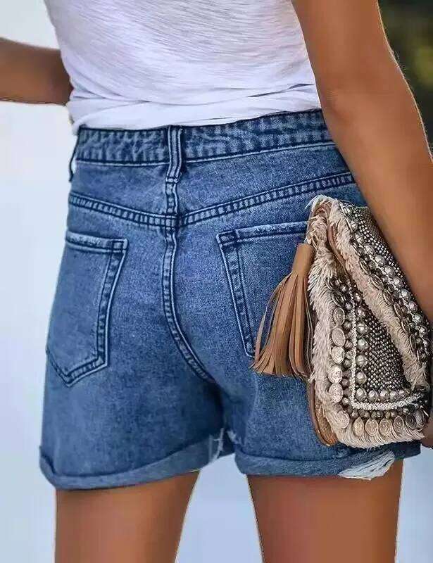 Urban Commuter Washed Ripped Denim Shorts.New Summer Fashion Straight-leg Rolled Edge Casual and Mid-waist Short Jeans for Women XJ260206