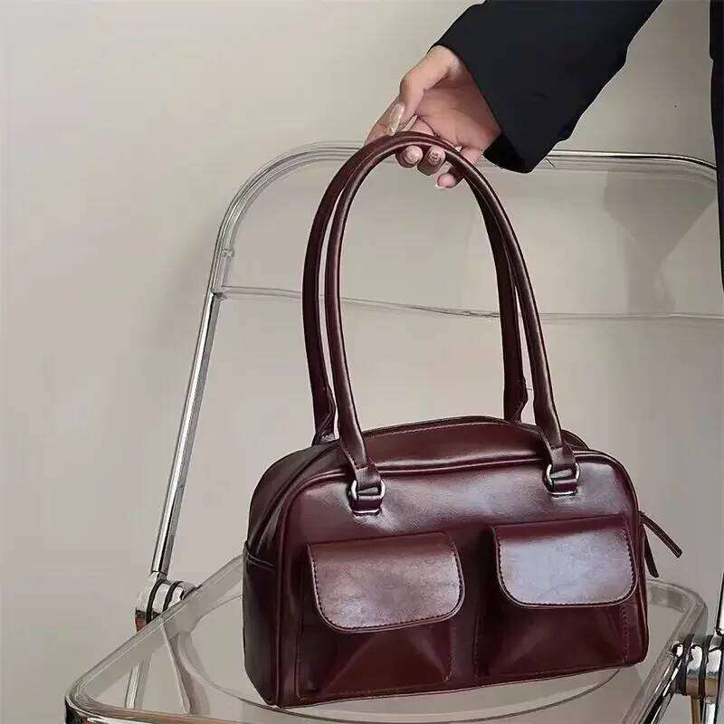 Vintage Women Business Shoulder Bags Simple Ladies Commute Tote Pu Leather Female Underarm Bag Burgundy Large Handbags Purse Y260205