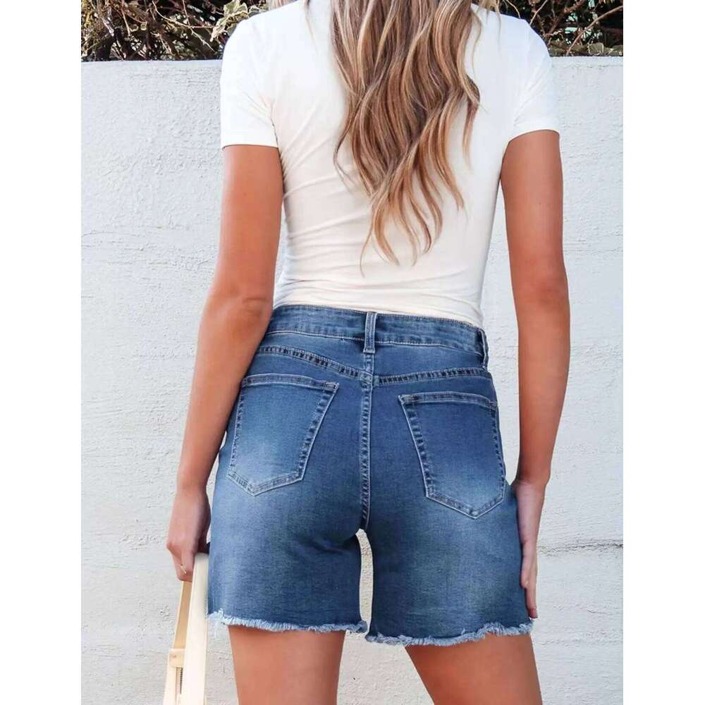 Denim Shorts Distressed Women Jean High Waist Trousers Knee Length Spliced Zipper Fly Washed Solid Pockets Casual Summer XJ260206