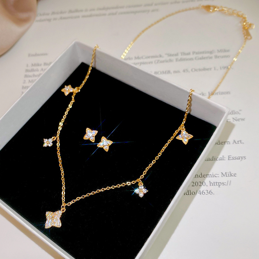 Real gold-plated zircon flower earrings necklace, elegant versatile jewelry set, light luxury and high-end accessories - view 8