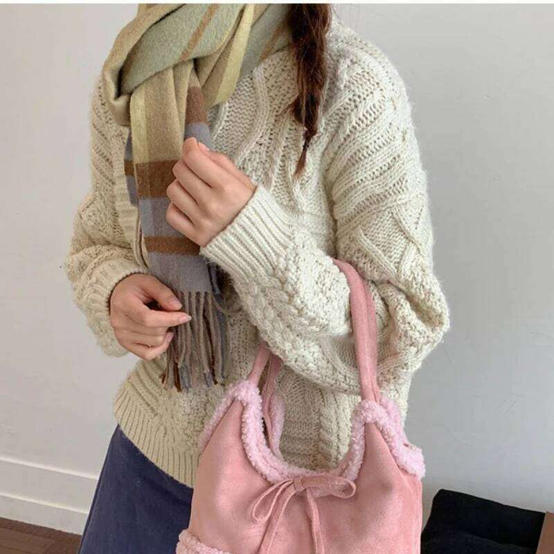 Vintage Shearling Suede Tote Women Large Capacity Bow Shoulder Autumn Winter Fashion Simple Texture Casual Bucket Bag Y260204