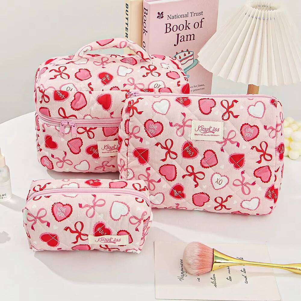 Fashion Cherry And Bow Pattern Large Capacity Heart Travel Cosmetic Storage Bag Zipper Makeup Organizer Pouch Y260206