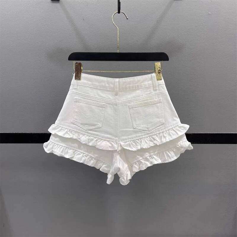 Sweet Fungus Lace Denim Shorts for Women 2025 New Age-reducing and Slimming A-line Wide-leg Hot Pants XJ260206