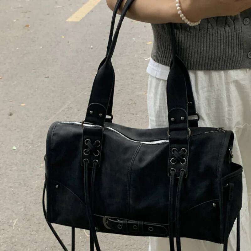 Branded Retro Motorcycle Handbag Stylish High-end Tassel Soft Large Capacity Buckle Shoulder Designer Niche Underarm Bag Y260204