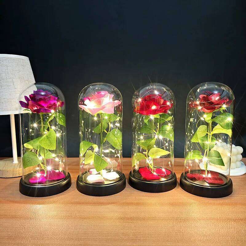 Artificial with LED Eternal Glass Cover Simulating Rose Ornaments Family Wedding Decoration Christmas Valentine Gift S260204