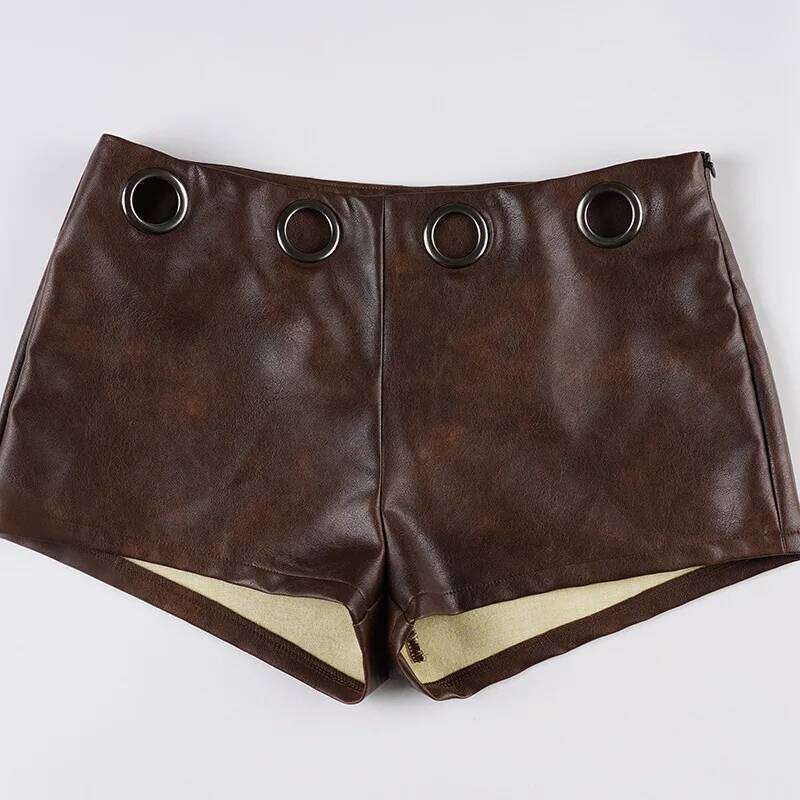 Autumn New Women's Brown Pu Leather Splicing Hole Waist Design Shorts Retro Personalized Fashion Hot Pants XJ260206