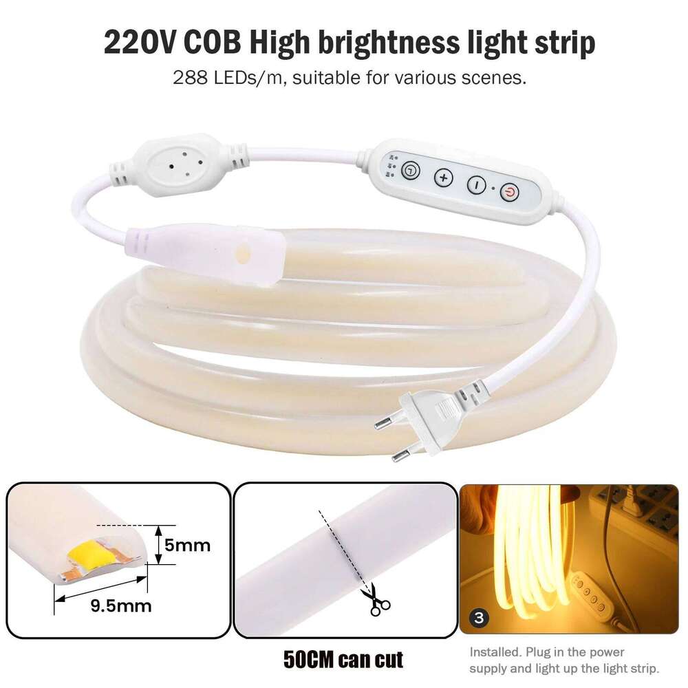 AC 220V Timing Dimmable COB Neon LED Strip EU Plug 288LEDs/M Waterproof Flexible Light for Living Room Party Home Decoration Z260206