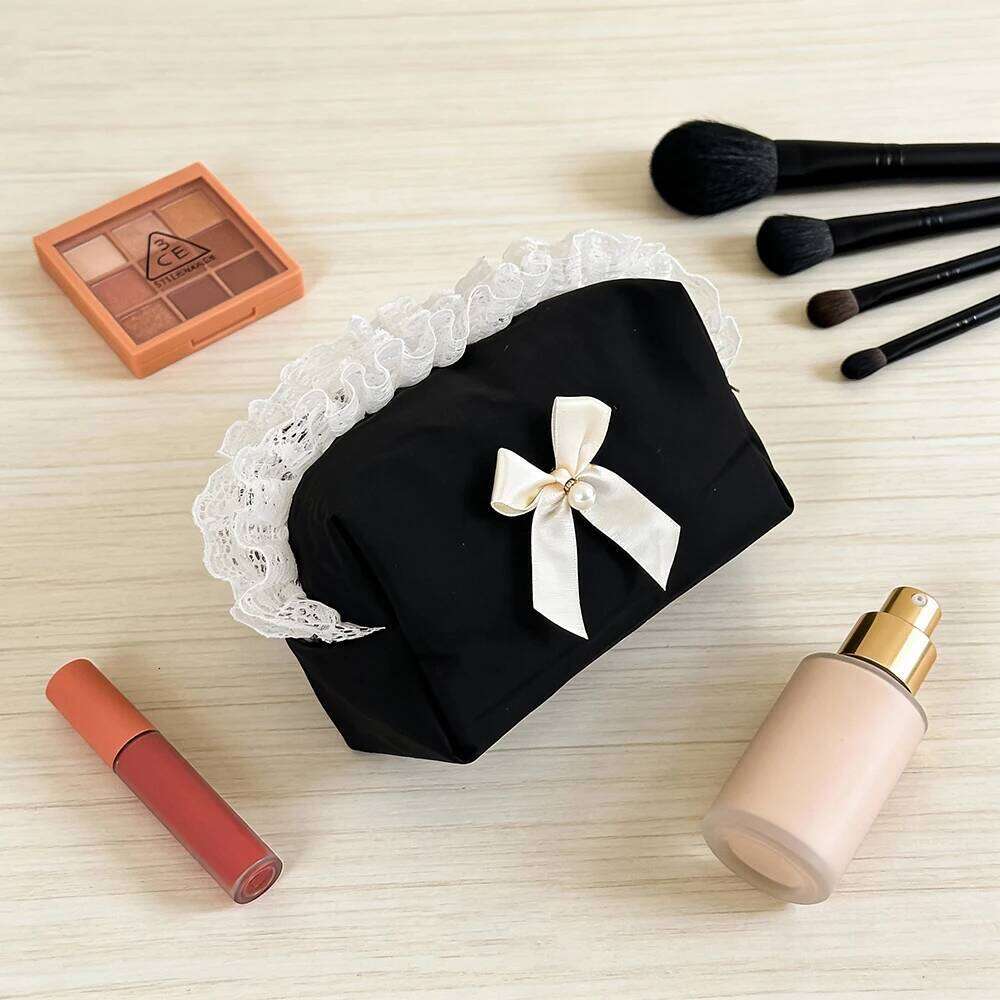 Lace Bow Pearl Mini Organizer Women's Bags Makeup Cute Lipstick Pouch Skincare Small Cosmetics Bag Y260206
