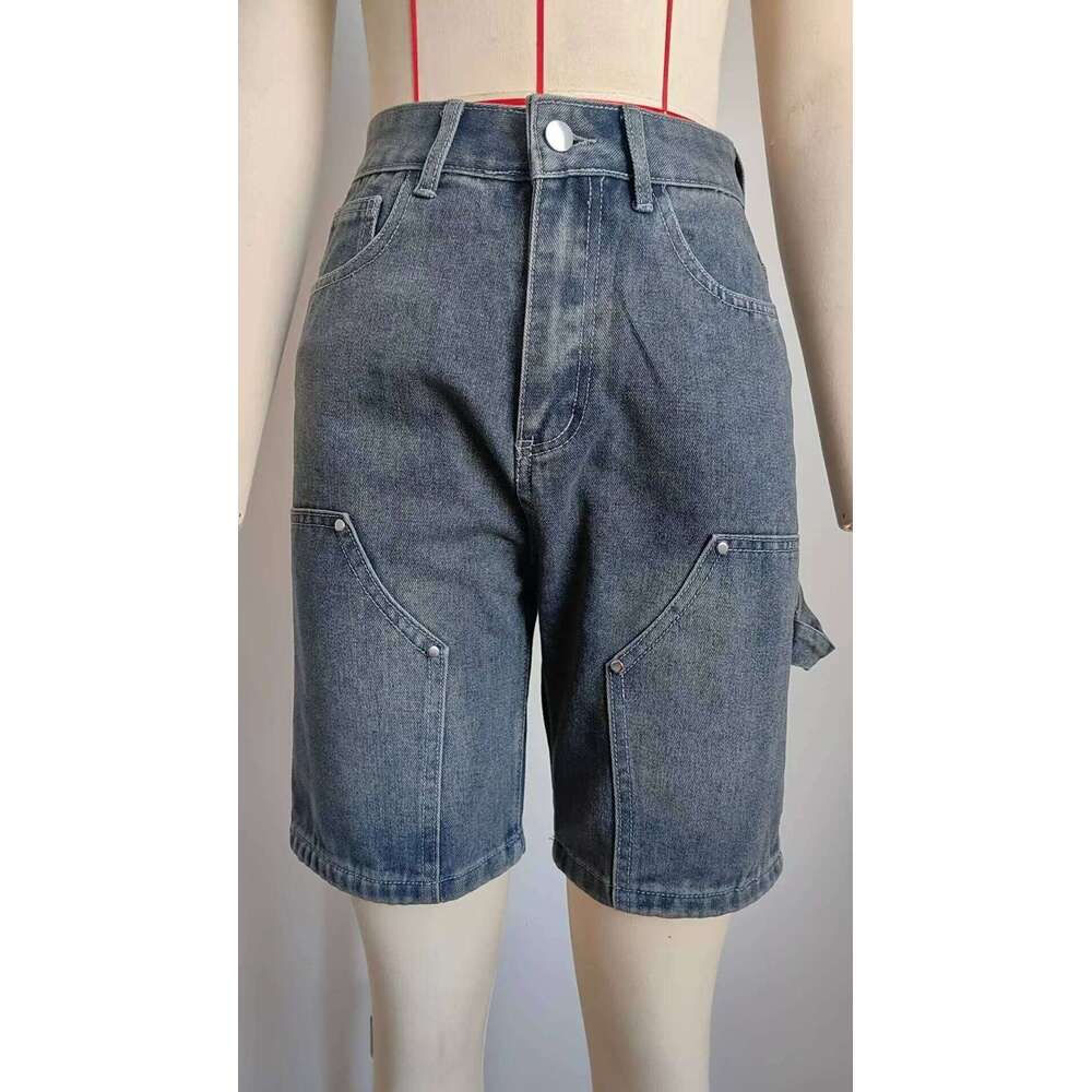 Straight Pants Women Denim Shorts Vintage Jeans Knee Length Trousers Mid Waist Washed Distressed Pockets 2025 Female Streetwear XJ260206