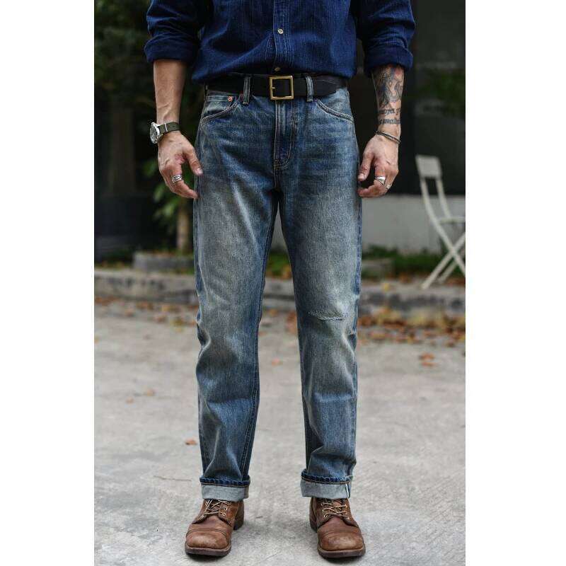 Sauce Zhan 308XX-SX01 Selvedge Denim Distressed Wash Jeans for Men Straight Fit and Slightly Slim 14.8 Oz X260207
