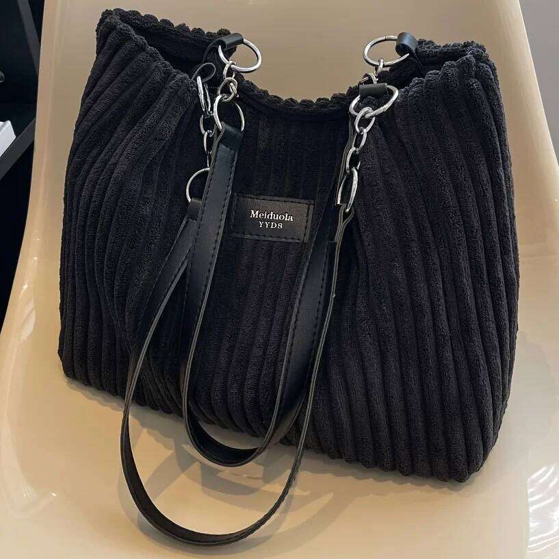 Women's Corduroy Bag, Solid Color Handbag, Fixed Shoulder Strap, Zipper Closure, Large Capacity, Simple and Fashion Z260207 - view 5