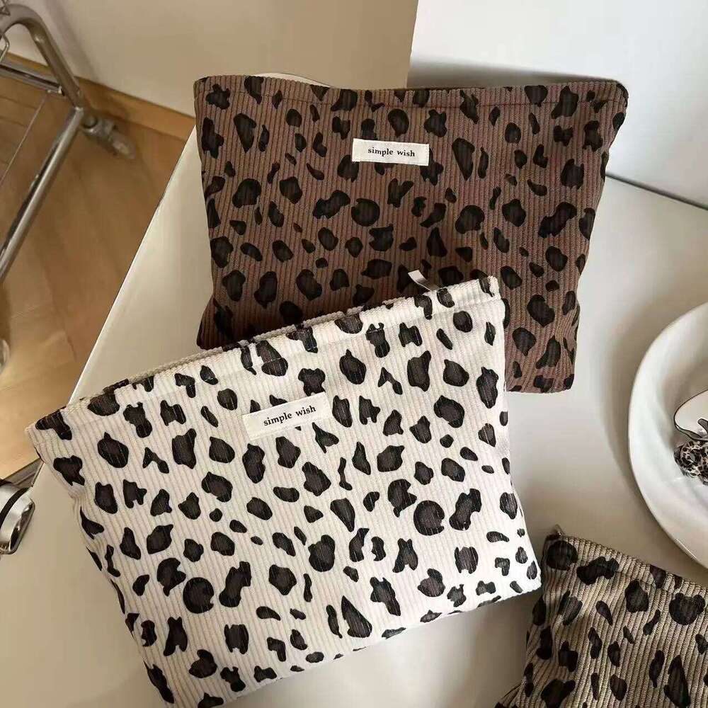 Corduroy Retro Leopard Pattern Makeup Lipstick Cosmetic Organizer Zipper Travel Washing and Storage Bag for Women Y260206