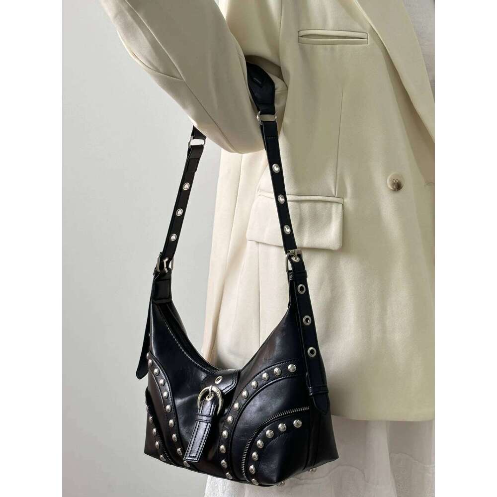 Gothic Punk Women's Rivet Shoulder Bag Pu Leather Crossbody Bags Female Luxury Fashion Y2k Cool Girls Motorcycle Armpit Handbags Y260205