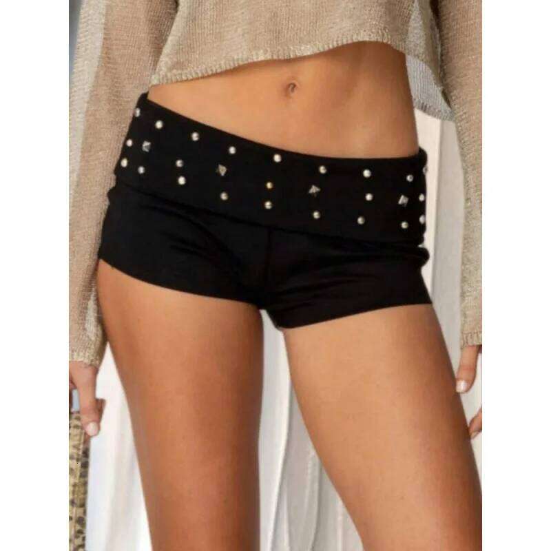 Y2g European and American Goths Punk Dark Rhinestone Short Skirt Black Sexy Hot Girl Versatile Low Waisted Shorts Women XJ260206