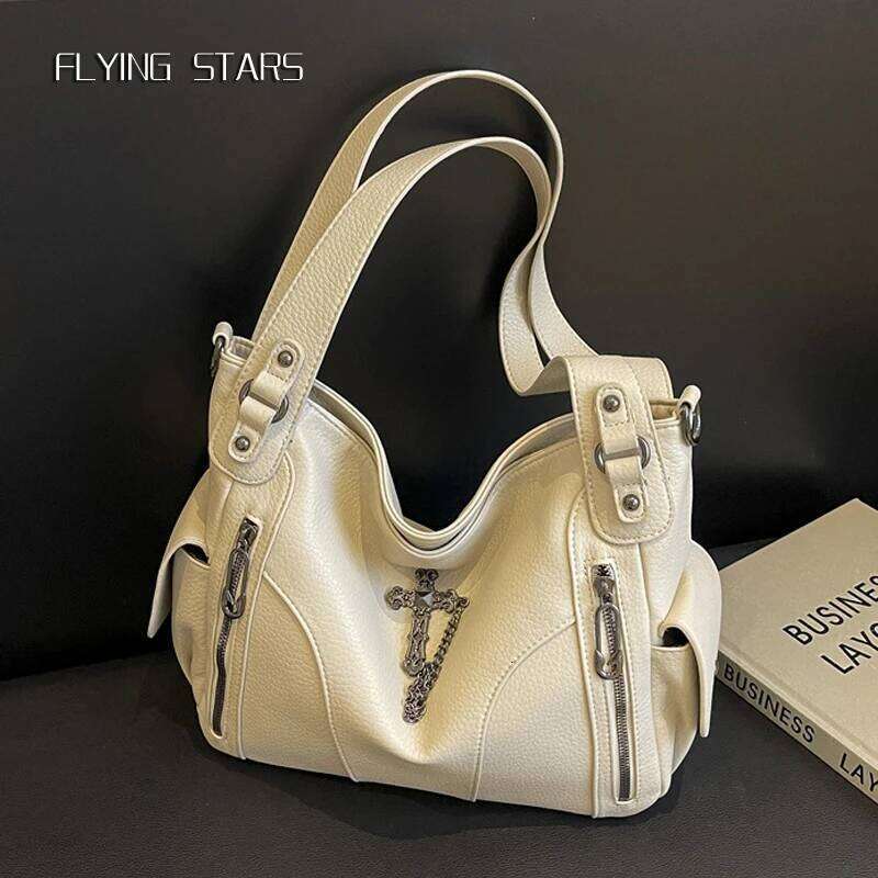 FLYING STARS Brand Tote Hardware Cross Women's Y2K Handbag Vintage PU Leather Large Capacity Women Shoulder Bag Y260205