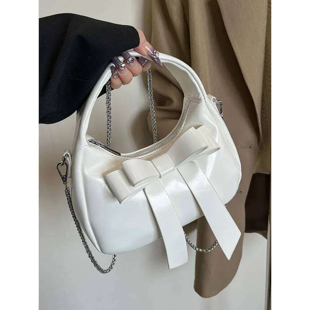 Cute Bows Handbag for Women Solid Pu Leather Small Commute Handle Bags Lady Casual All-matched Chain Shoulder Pack Party Purse Y260205