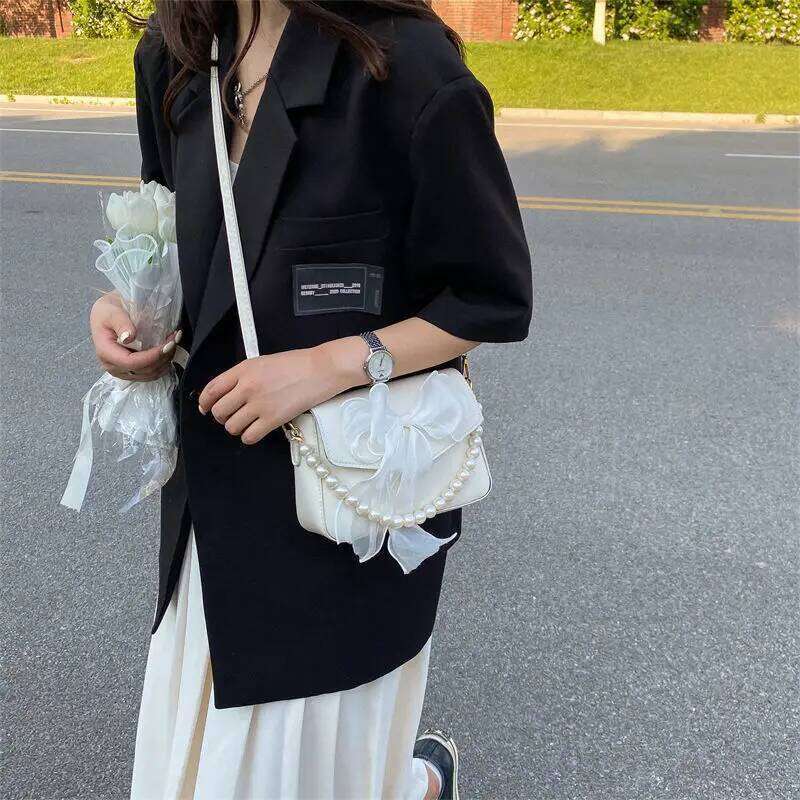 Pearl Lace Bow Collocation PU Leather Small Bags for Women Daily Use Handbag Shoulder Cross Body Bags, Teen Girls Phone Pouch Y260205