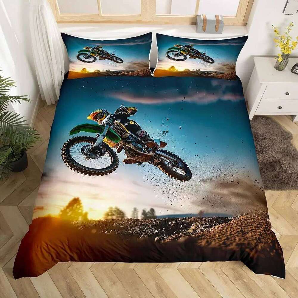 3pcs Cool Motorbike Bedding Set Dirt Bike Duvet Twin Motocross Rider Comforter Cover Extreme Sports For Boys Adults XJ260206