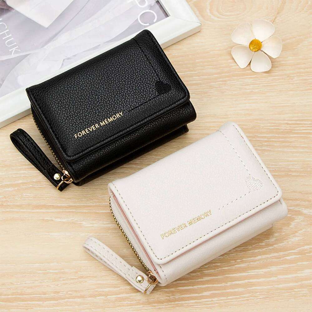 Women Short Tri-fold Wallet with Heart Embroidery Multiple Slots Compact Card Holder Lightweight Purse Organizer Y260206