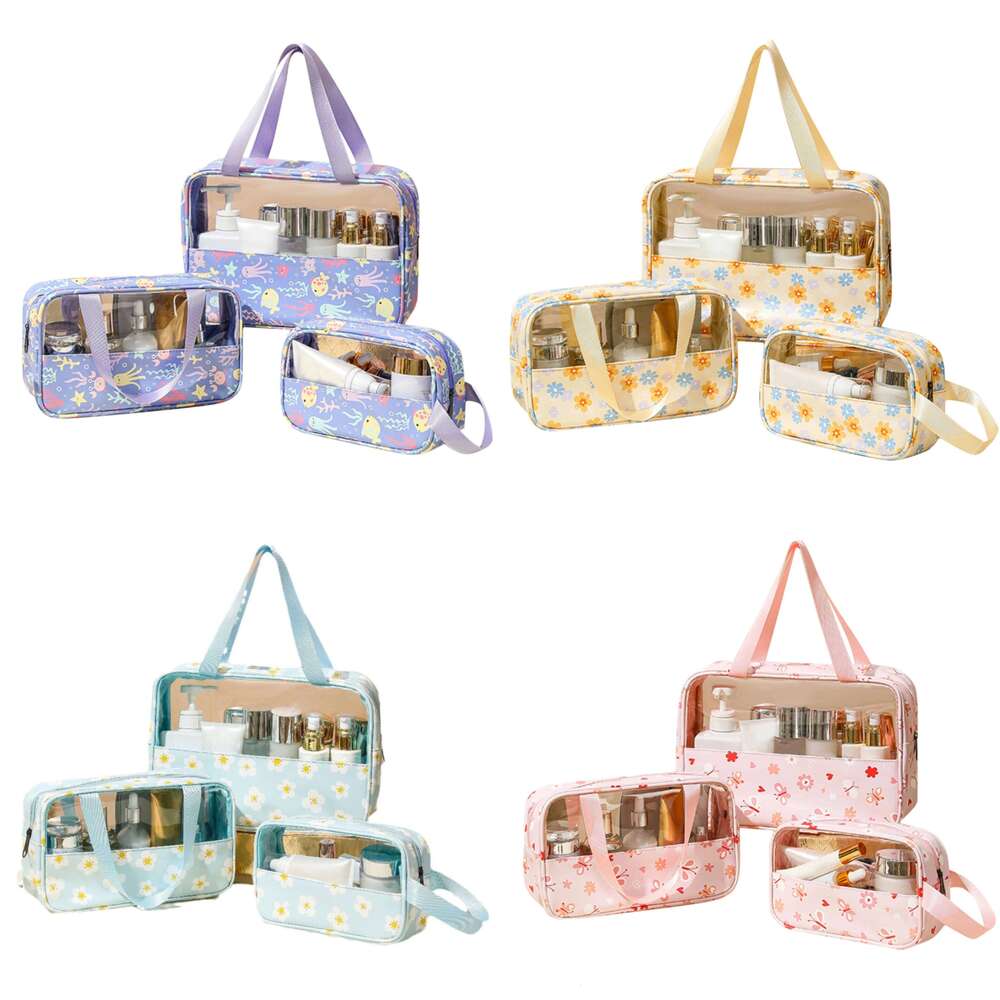 Transparent Makeup Toiletry Large Size Waterproof Swimming Bath Bags Simple PVC Tote PU Splicing Cosmetic Bag Y260206