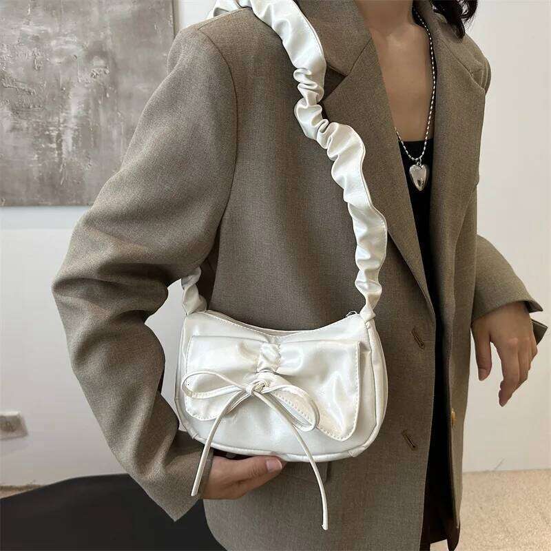 Soft PU Leather Women's Small Shoulder Bags Simple Ruched Design Ladies Underarm Bag Solid Color Bowknot Fashion Purse Handbags Y260205