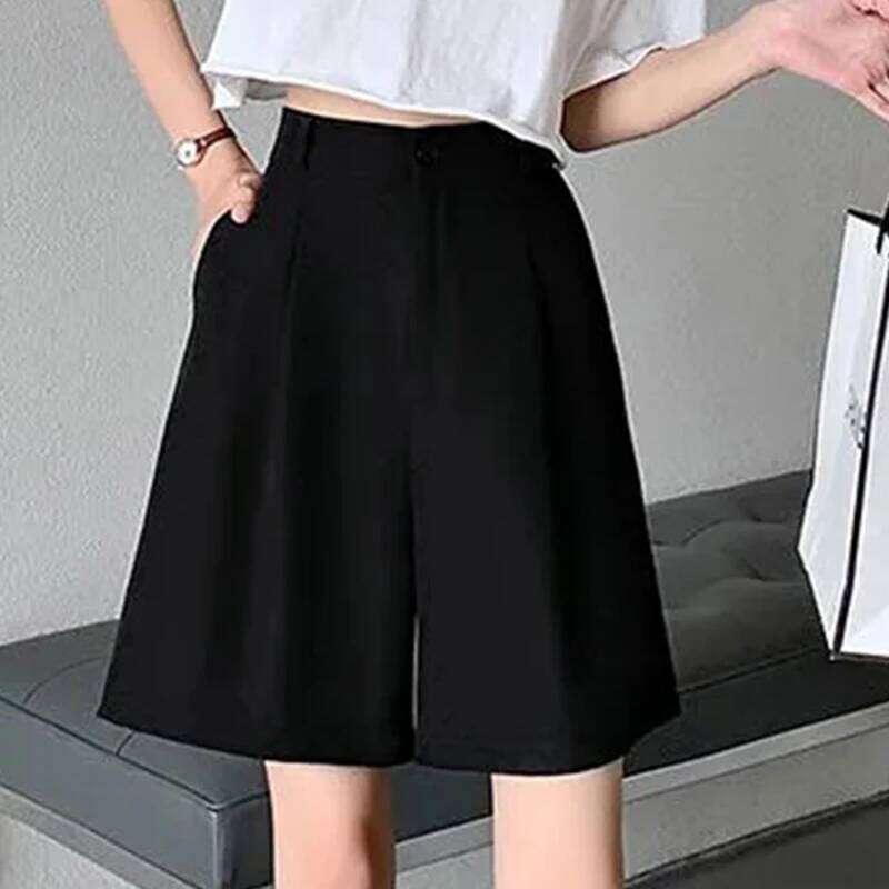 Solid Pleated Suit for Women Elastic Waist Loose Straight Shorts Summer Office Ladies Short Wide-Leg Pants Female XJ260206