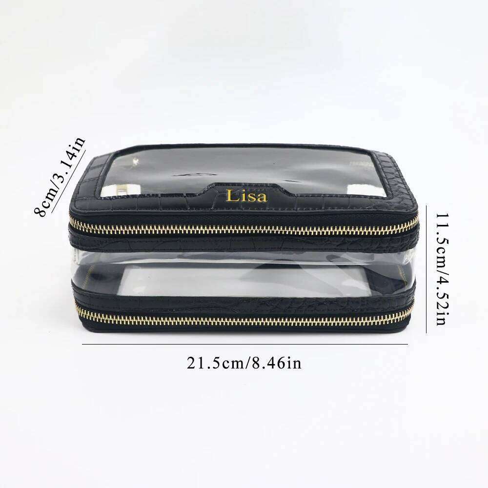 Customized name PU leather + transparent TPU toiletry travel portable makeup bag, large-capacity waterproof storage bag Y260206