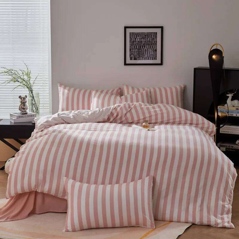 4Pcs Washed Microfiber Vertical striped colorful Bedding Set, Sweet Style Soft Duvet Cover with Zipper Flat Sheet Pillowcases XJ260206