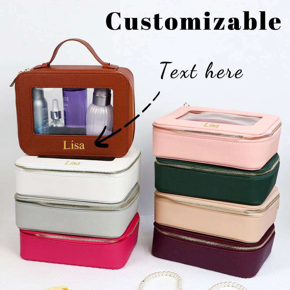 Customized name leather waterproof makeup brush bag, portable transparent PVC TPU storage bag Y260206