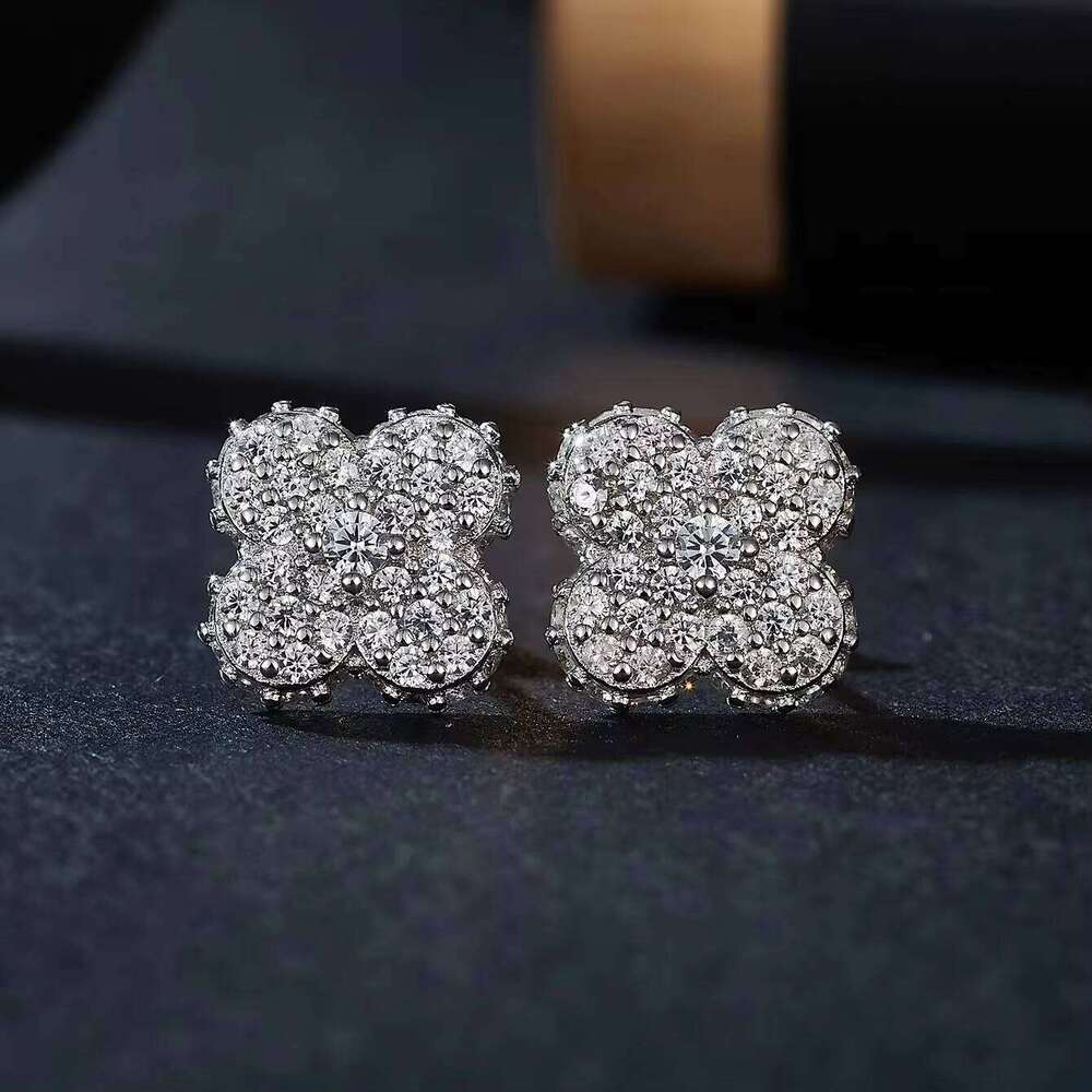 Rhodium Plated S925 Sterling Silver Clover Fine Moissanite Luxury Lab Grown Diamond Custom Women Stud Earrings