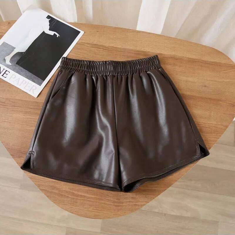 Autumn Winter Women's High-Waisted Slimming PU Leather Black A-Line Pants Loose Wide-Fitting Boots Over-Sized Shorts XJ260206