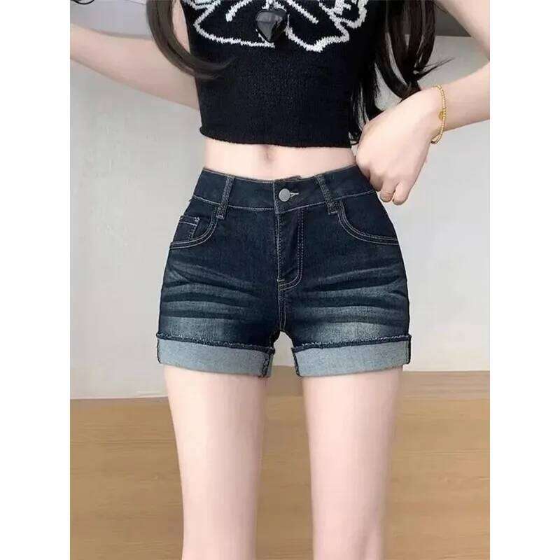 Curled Cuffed Denim for Women Summer Retro Low-waisted Tight Elastic Hot Pants Super Shorts XJ260206
