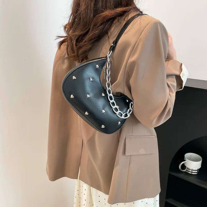 Versatile Heart Decoration Underarm Bags for Women Simple Fashion Ladies Y2k Shoulder Bag Pu Leather Portable Female Handbags Y260205