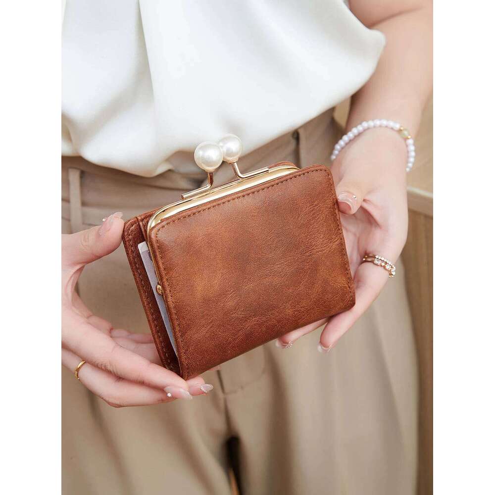 Women's Cute Pearls Kiss Lock multifunctional Trifold Large Capacity Short Wallet fashion PU Leather Coin ZeroWallet Y260206