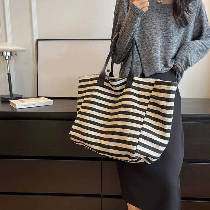 Trendy Simple Stripe Design Tote For Girls Women Canvas Shoulder Bag Ladies Shopping Bags High Quality Handbags Y260205