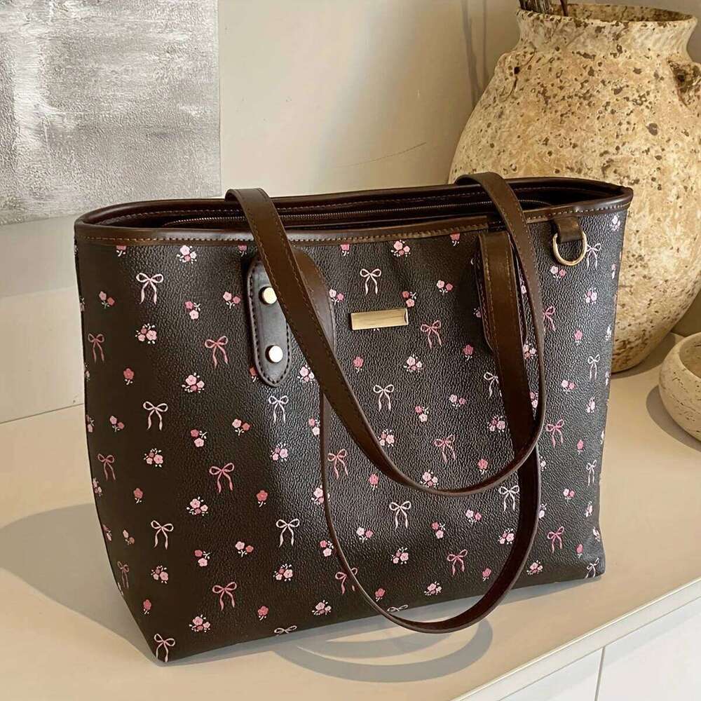 Cute and sweet cherry print tote bag niche fashion temperament elegant large capacity versatile shoulder bag, Y260204