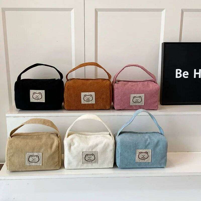 Bear Large Makeup for Women Corduroy Make Up Bags Zipper Pouch with Handle Cosmetic Organizer Toiletry Bag Y260206