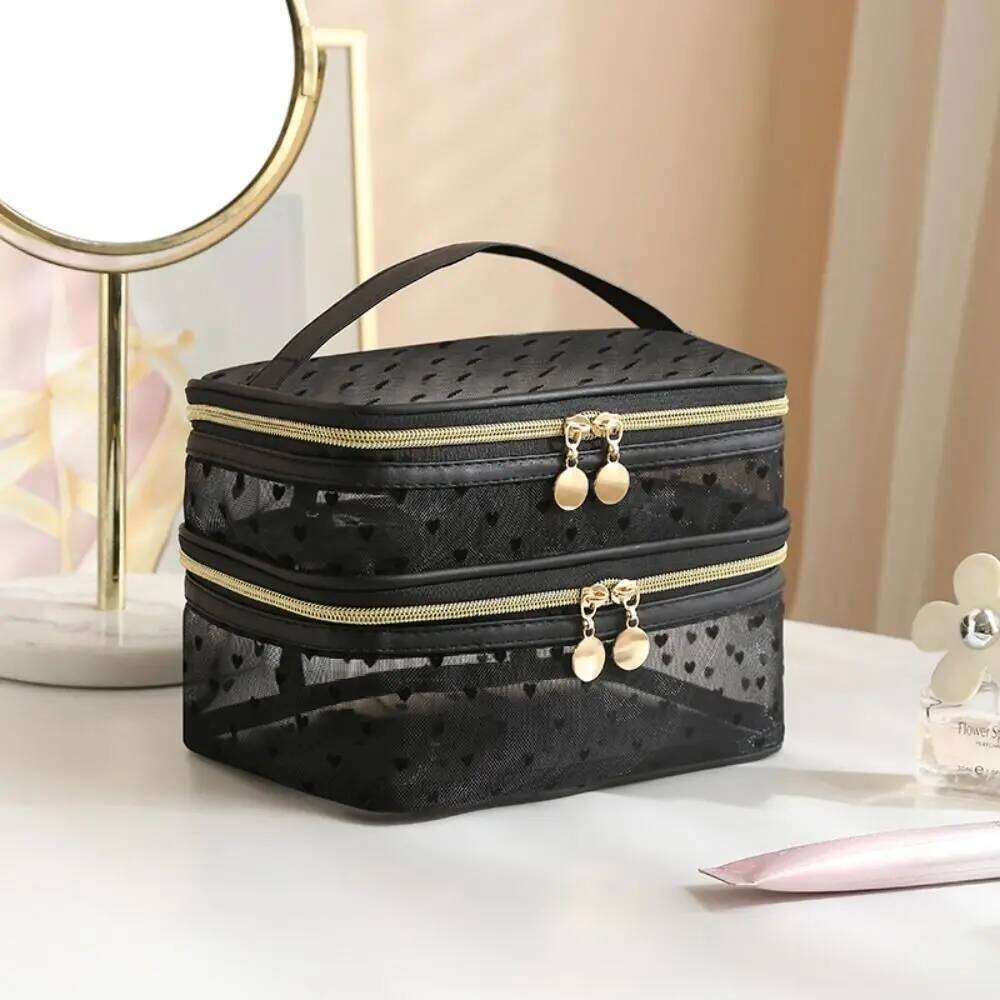Double/Single Layer Mesh Love Makeup Black Heart Printed Large Capacity Women Toiletry Bag Transparent Zipper Y260206